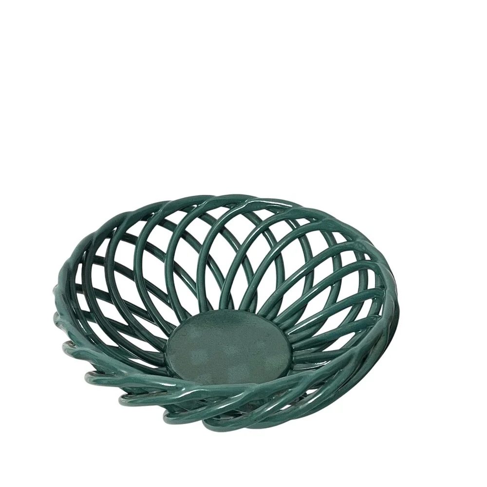 Vintage Ceramic Lattice Fruit Bowl  Teal Green Woven Spiral Design